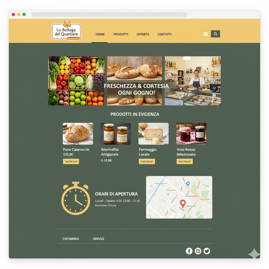Sito vetrina di un negozio di quartiere con presentazione di prodotti e orari